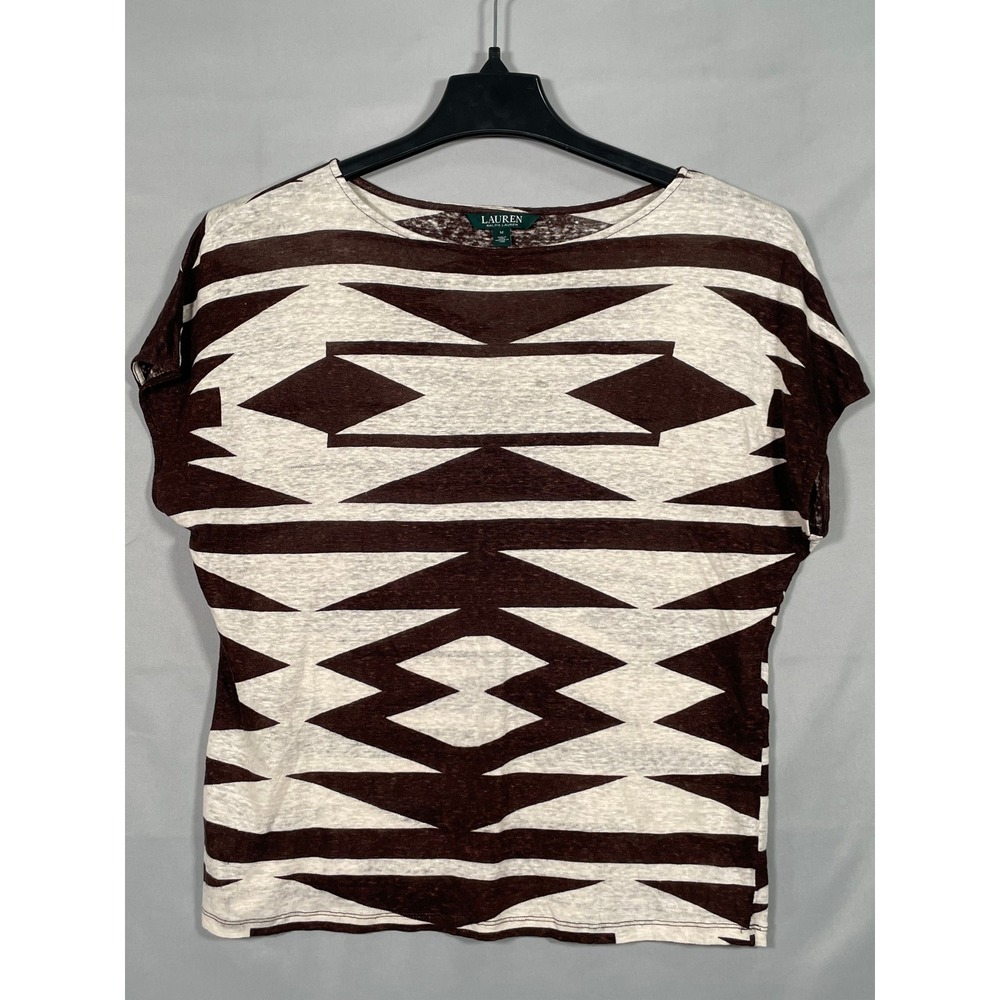 Lauren Ralph Lauren Womens Brown Cream 100% Linen Geometric‎ Southwestern Top M